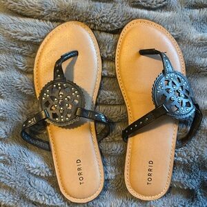 Torrid Black and Tan Sandals with Bold Medallions